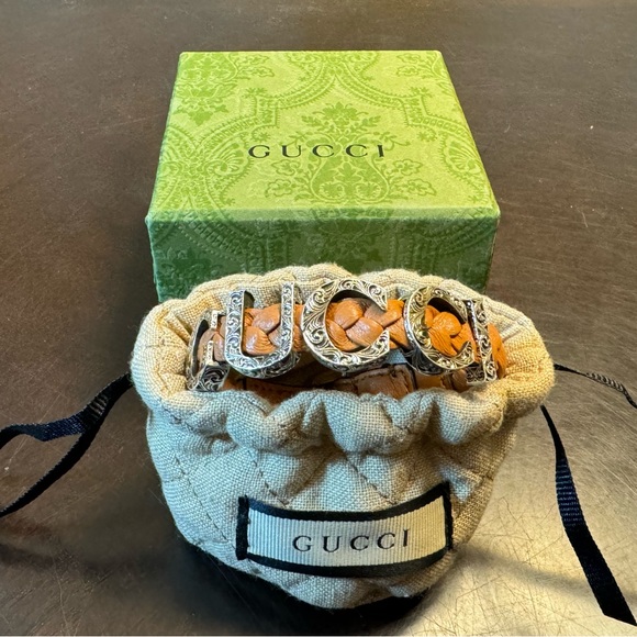 Gucci Other - New Authentic Gucci Logo Silver Brown Leather Bracelet Size L / Wrist Up To 8”